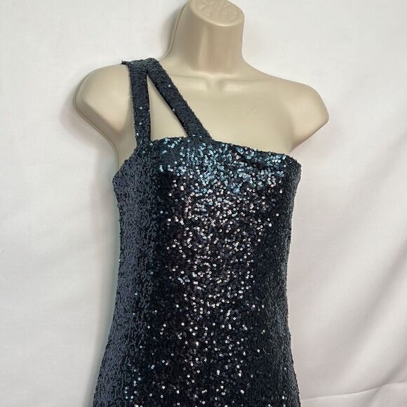 Aqua Navy Blue Sequins one Shoulder Body Con mini dress size medium EUC - Picture 2 of 10